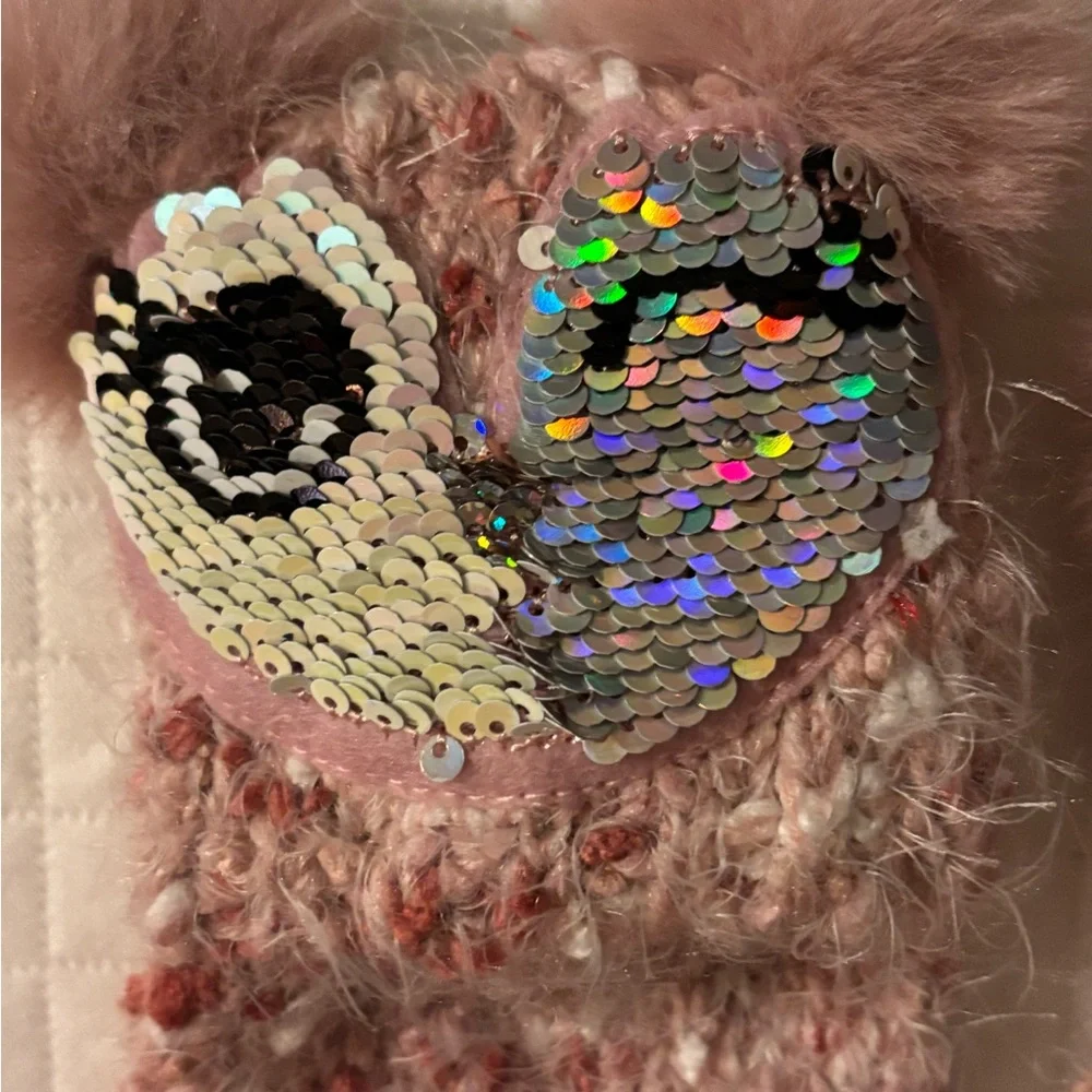 The Children's Place Pink Fuzzy Mittens with Sequin Hearts that reverse to sleep